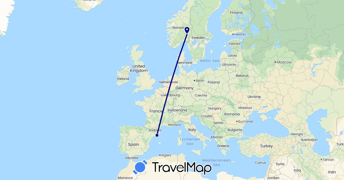 TravelMap itinerary: driving in Spain, Norway (Europe)